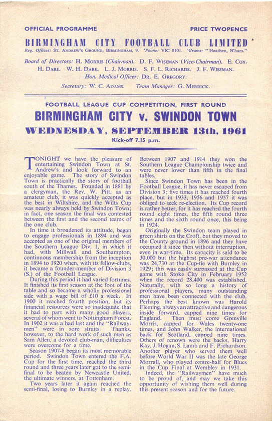 <b>Wednesday, September 13, 1961</b><br />vs. Birmingham City (Away)
